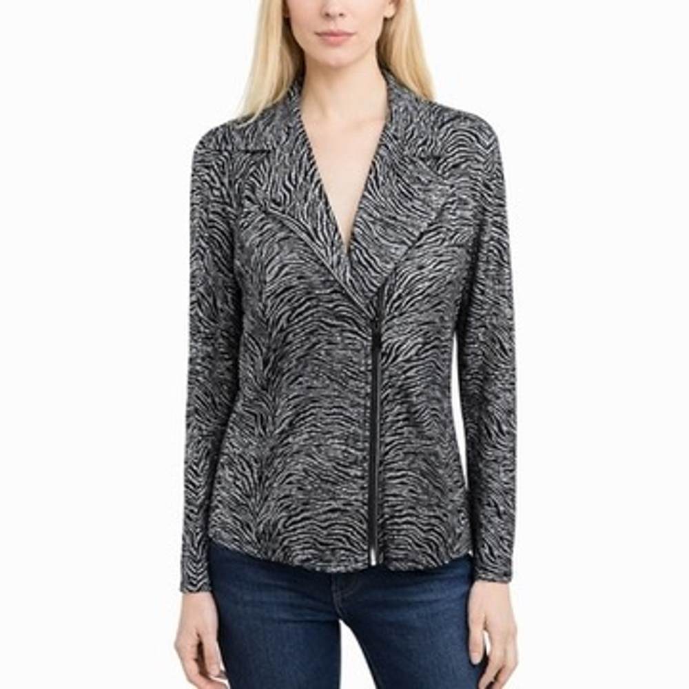 Chicos Black Silver Animal Print Moto Blazer Jacket Artsy Womens size 3 = XL